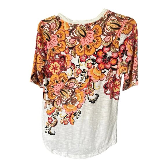 Chico's Women's Floral Elbow Sleeve A-Line Tee Sz 0 Multicolor Fall V-Neck Comfy - Picture 5 of 7